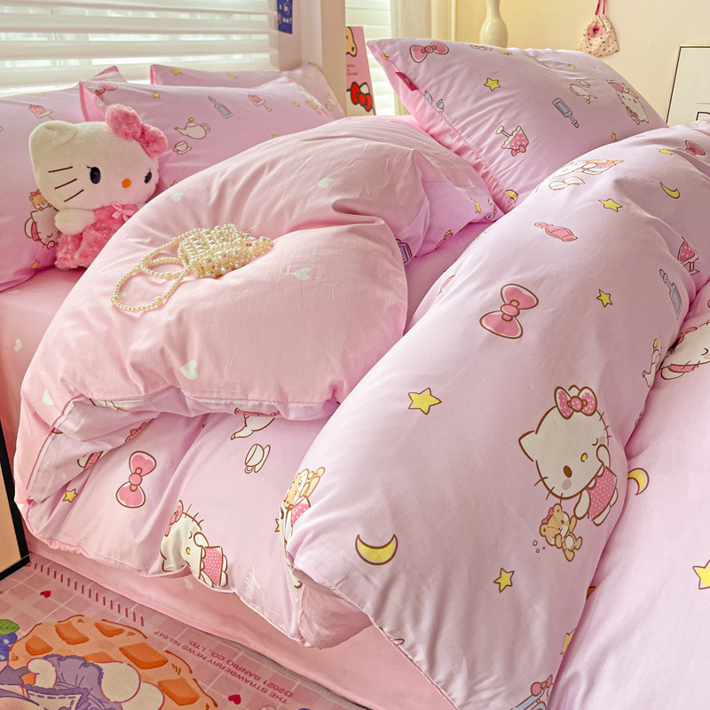 Hello Kitty Cartoon Cotton 100 Pure Cotton Four-Piece Set Hello Kitty Girls Kt Cat Pink Quilt Cover Bed Sheets