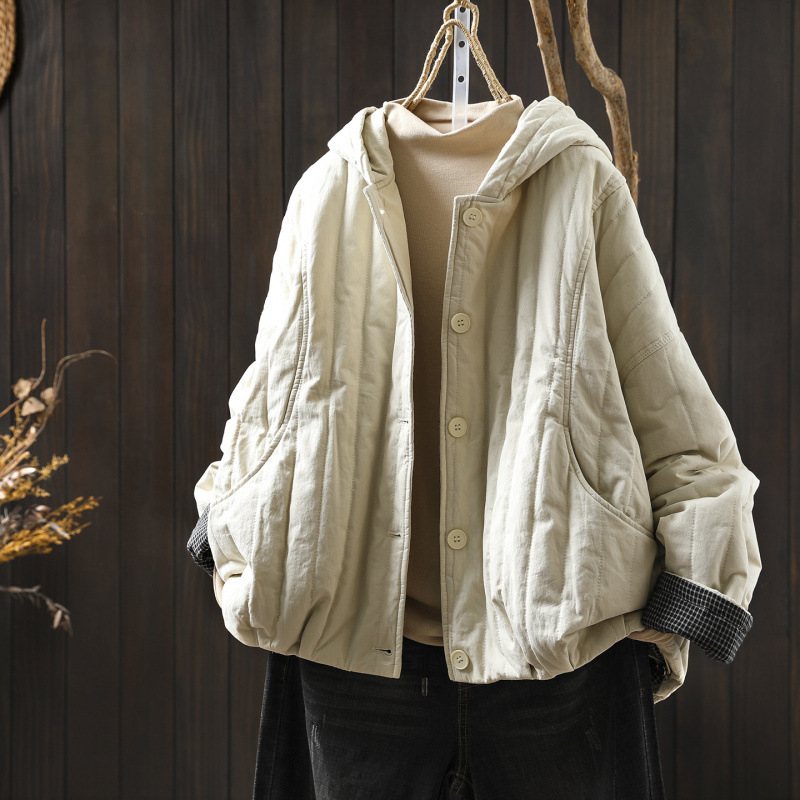 Trendy Large Pocket Hooded Cotton Jacket for Women, Fashionable Simple Quilted Thick Loose Slimming Stylish Cotton Coat Trendy Large Pocket Hooded Cotton Jacket for Women, Fashionable Simple Quilted Thick Loose Slimming Stylish Cotton Coat