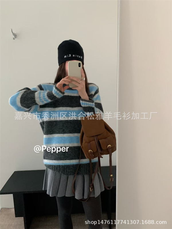 韩系宽松慵懒条纹毛衣套头女秋冬新款休闲百搭长袖针织衫软糯上衣|undefined
