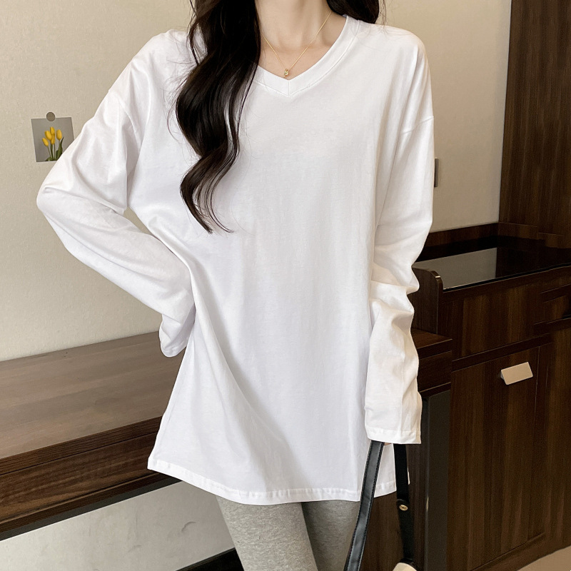 Women's cotton V-neck white bottoming shirt, spring and autumn versatile European long-sleeved T-shirt, mid-length western style top