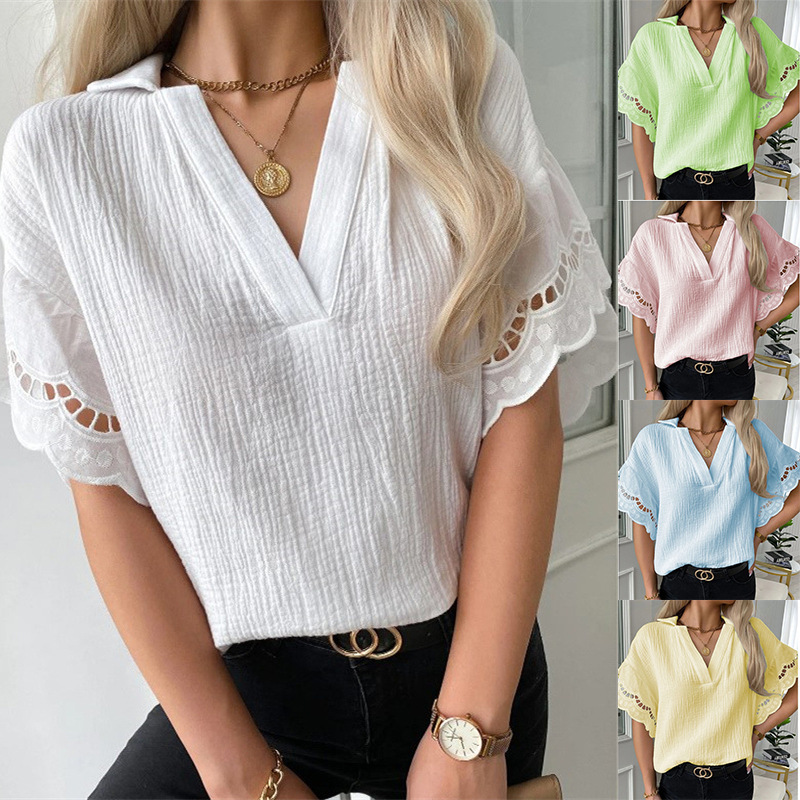 2022 Amazon Independent Station Summer Foreign Trade New Women's Lace V-Neck Solid Color Short-Sleeved Shirt for Women