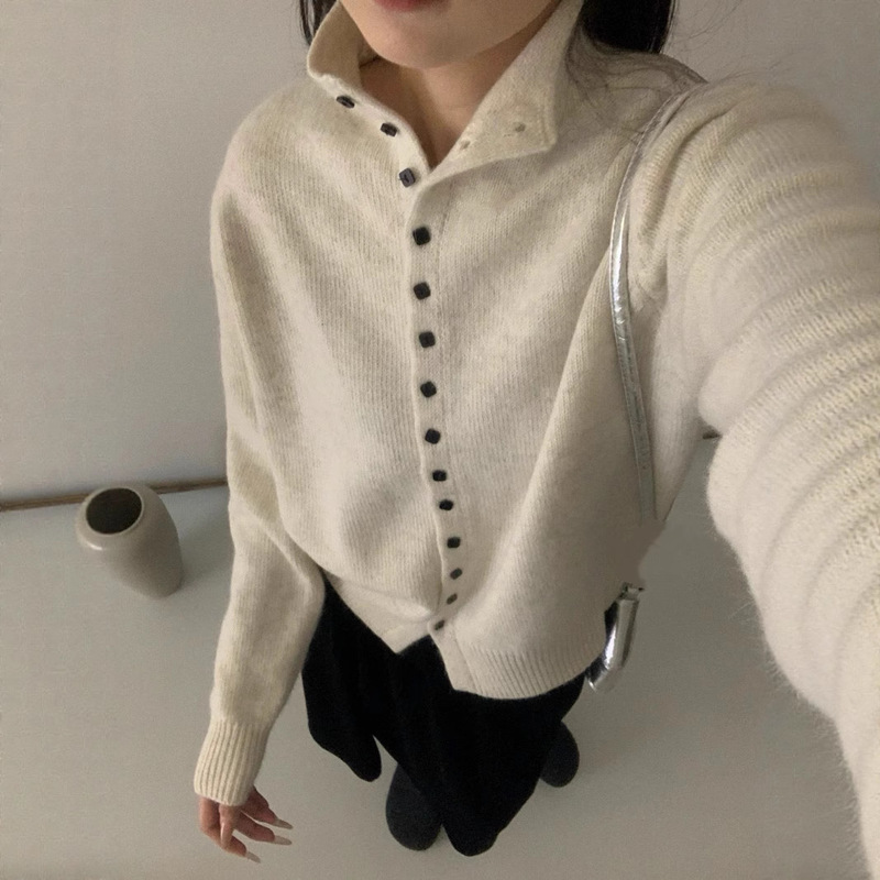 韩系2025单排扣针织开衫女秋季新款立领休闲外贸新款纯色开衫外套|undefined