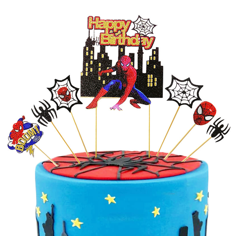 Cross-border Spider Man cake decoration card children's cartoon spider web birthday party card dessert table plug-in