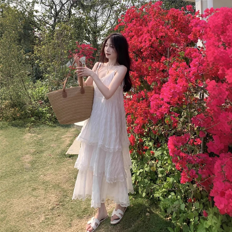 (with Lining) Lace Suspender Skirt Dress Women's Summer White Cake Skirt Mid-Length A-Line Skirt