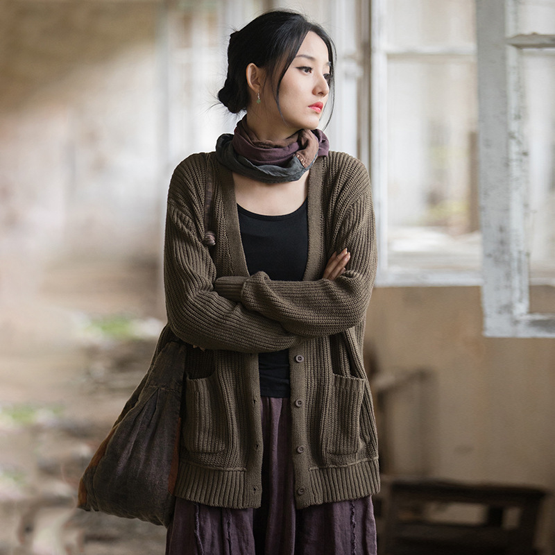 2024 otoño algodón lino ropa de mujer nuevo diseño sentido cárdigan literario perezoso y casual viaje a casa suéter de mujer