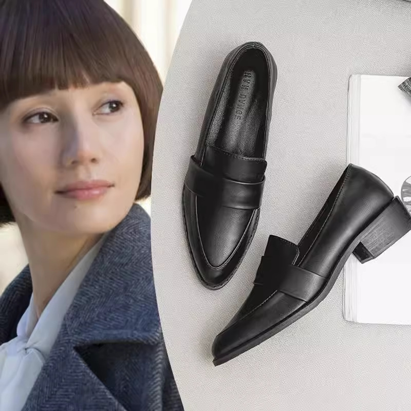 Genuine Leather Huizhou Women's Shoes, Tang Jing Style British Style Small Leather Shoes, Women's Flat Versatile Single Shoes, Black Pointed Toe Loafers Genuine Leather Huizhou Women's Shoes, Tang Jing Style British Style Small Leather Shoes, Women's Flat Versatile Single Shoes, Black Pointed Toe Loafers