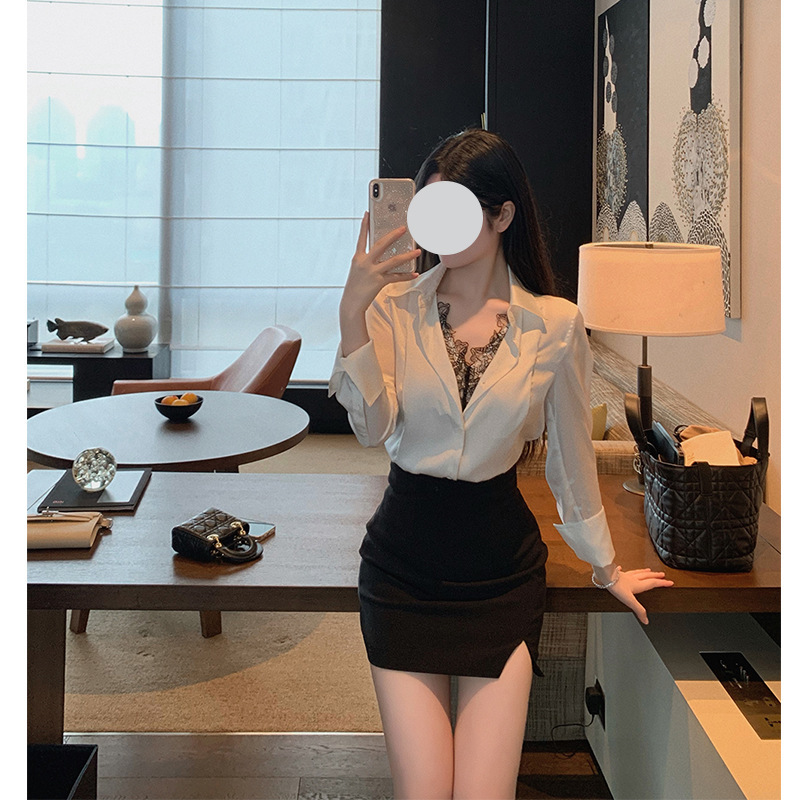 Stitching Lace Shirt Satin Pure Rice White Shirt Women's Tight Waist Slimming All-match Hip Skirt Short Skirt Stitching Lace Shirt Satin Pure Rice White Shirt Women's Tight Waist Slimming All-match Hip Skirt Short Skirt