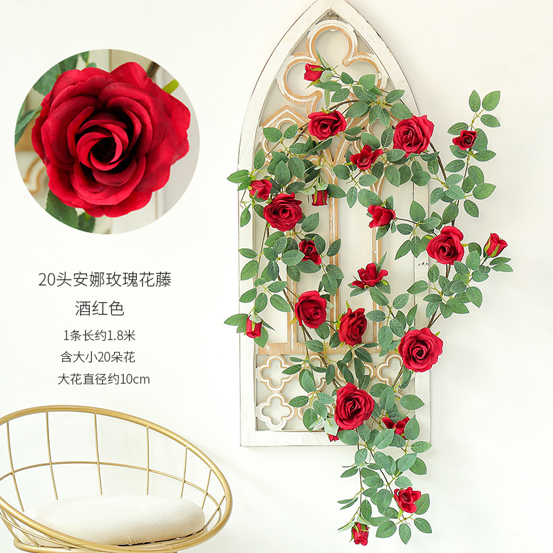 Venta al por mayor decoración de la boda flor artificial vid rosa boda rosa ratán flor artificial vid