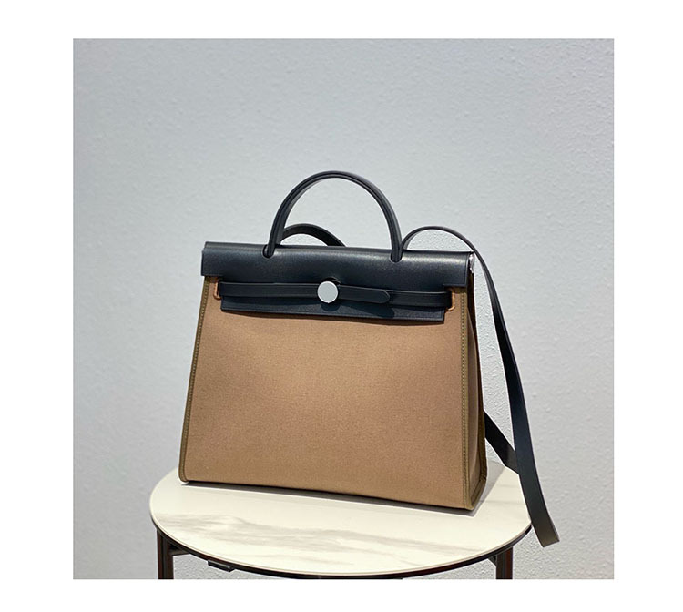手作りherbag外縫い本革キャリーバッグ色合わせキャンバス手提げシングルショルダー女性バッグ大容量通勤バッグ