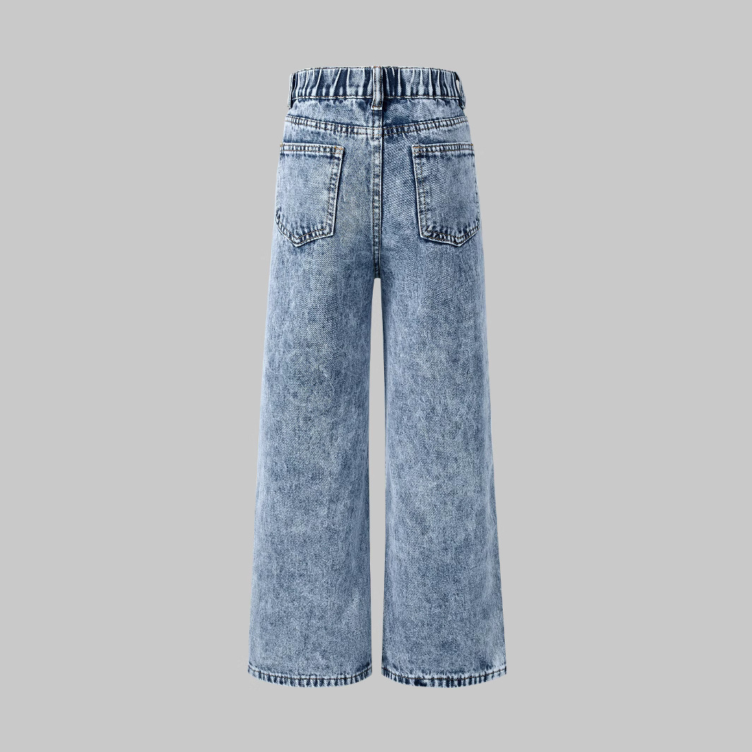 Girl's Snowflake Washed Ripped Print Wide Leg Jeans_voghion.com