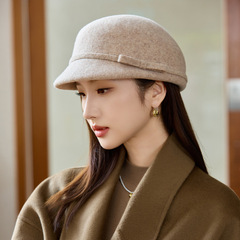 帽子女秋冬季百搭羊毛呢马术帽高级感蝴蝶结保暖盆帽显脸小贝雷帽