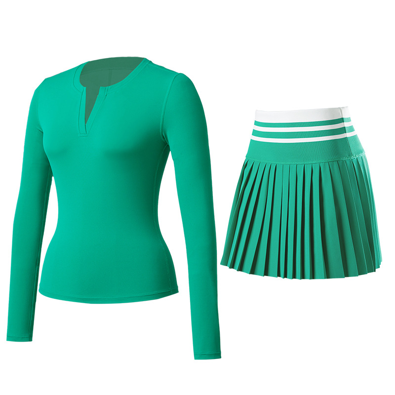 Trajes deportivos de otoño y invierno ropa de tenis ropa de yoga cuello V mangas largas anti-luz falda de tenis para correr camisetas deportivas