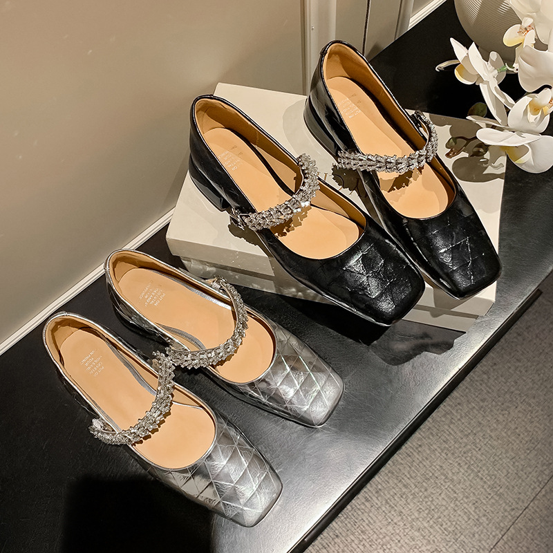 Comfortable Mary Jane shoes with rhinestones square toe with a strap
