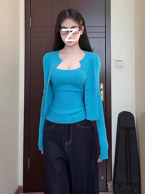温柔风黄色短款针织开衫小外套女春季内搭修身吊带背心小众两件套|undefined