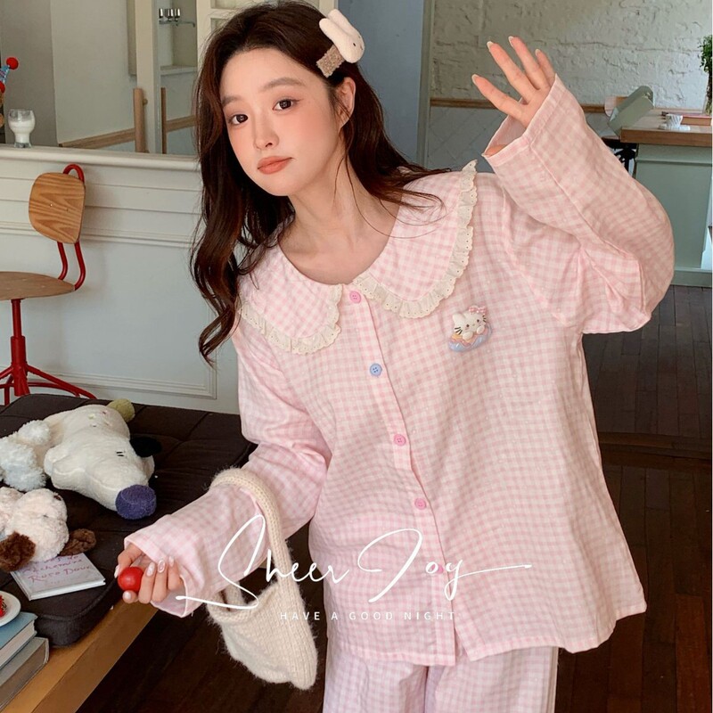 New Product Xiaohongshu Pure Cotton Double-Layer Gauze Lace Doll Collar Kt Sweet Puff Series Long-Sleeved Long Pants Loungewear for Women