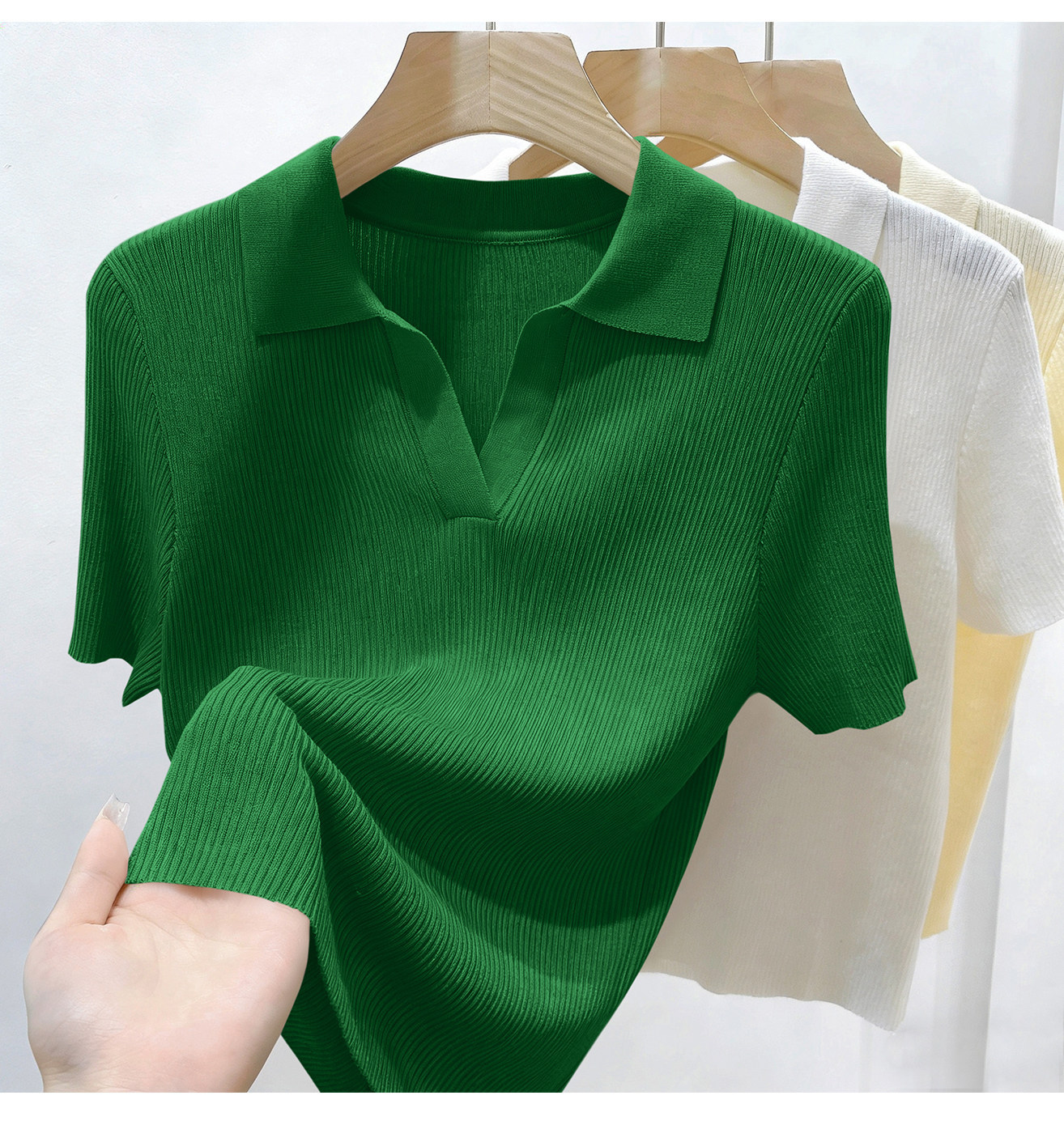 Áo thun nữ cổ polo tay ngắn dáng ôm chất liệu len mỏng mùa hè — màu xanh nhạt chi tiết 6