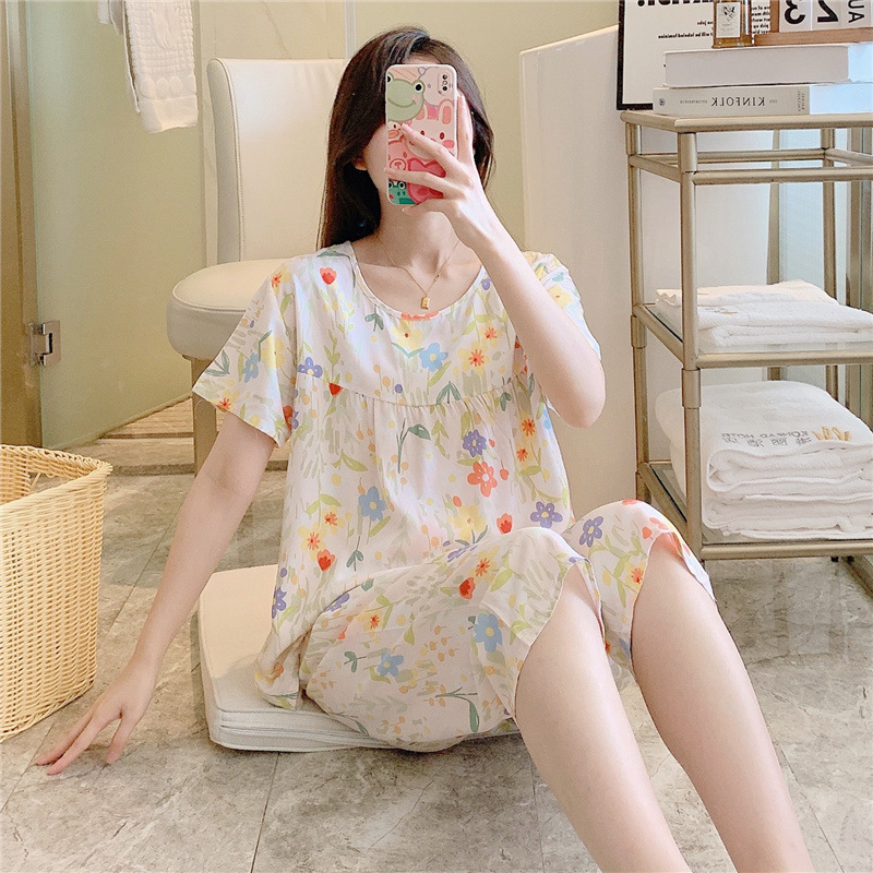 New Style Cotton Silk Pajamas Women's Summer Thin Two-piece Set Short-sleeved Artificial Cotton Silk Cute Loose plus size Home Clothes