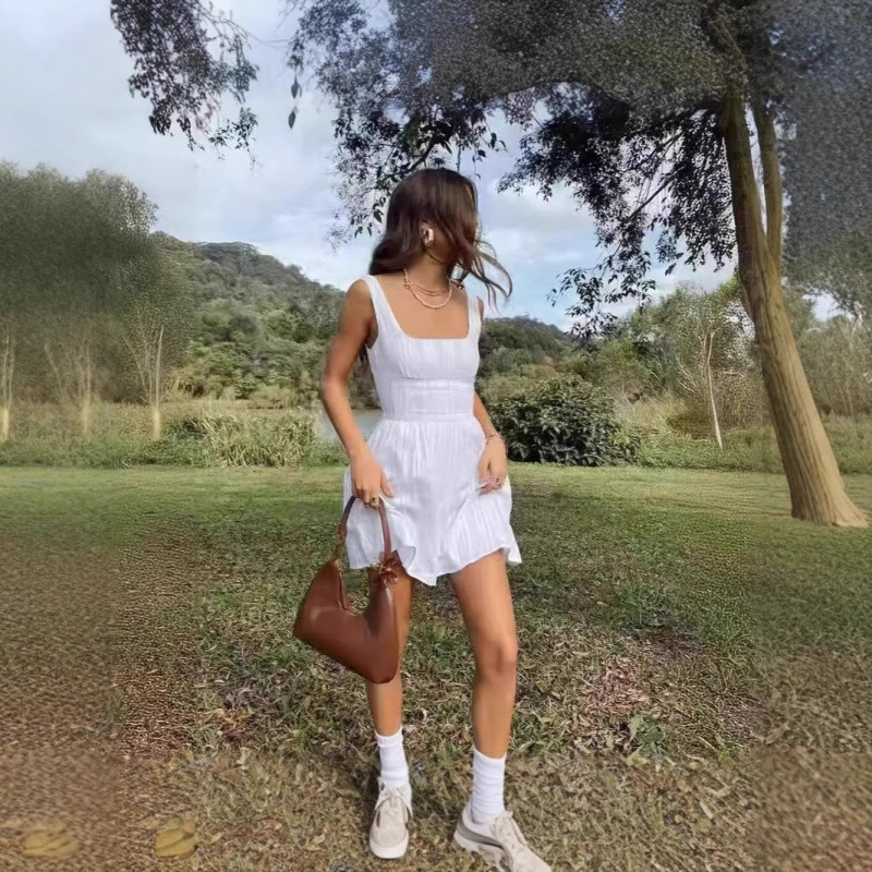 Princess Polly European Hot Girl White Retro Texture Waist Mini Square Neck Dress
