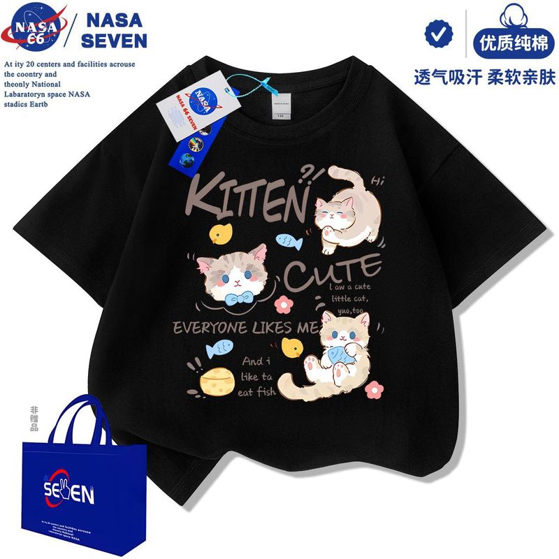 NASA 共同ブランド子供用純綿 Tシャツ夏の新しい漫画猫半袖女の子かわいいドーパミントップス|undefined