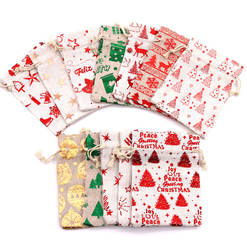 Hot stamping printed gifts can be filled with apple Christmas bag, drawstring cotton linen Christmas Eve Christmas candy bag