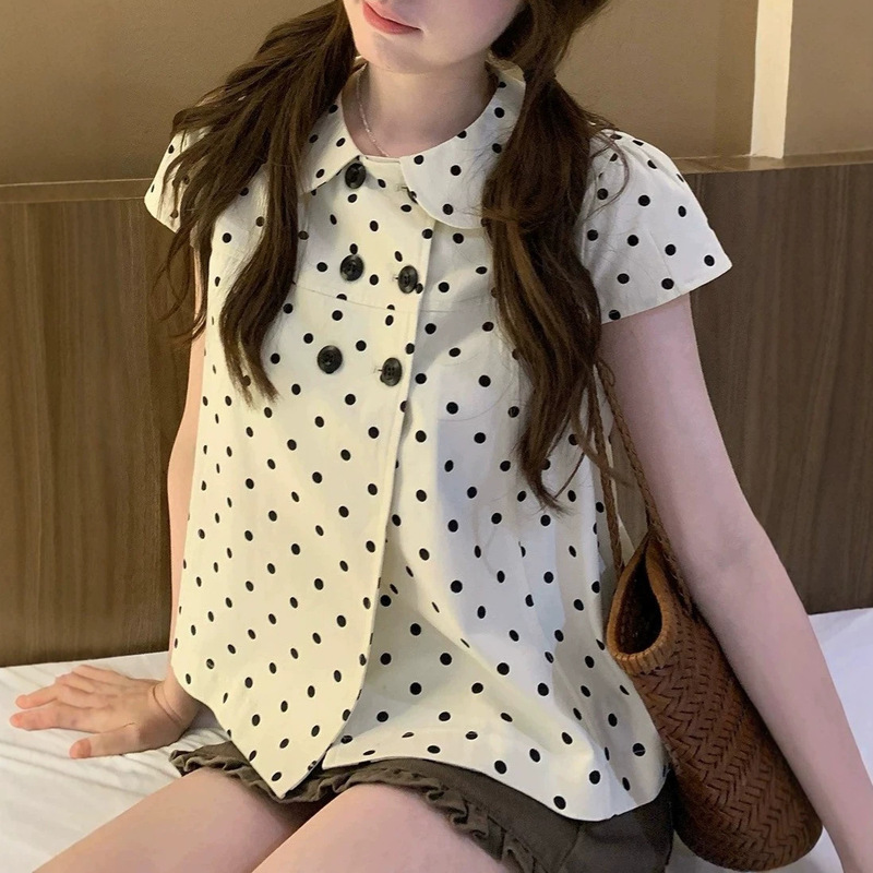 Ptonumi Cookie Crumb Roll Polka Dot Doll Collar Short-Sleeve Shirt for Women, Summer Double-Breasted Sweet Versatile Top