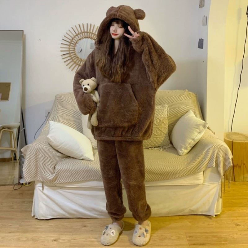 Плюс размер 300 кг плюшевый толстая сестра пижама женская зимняя женская пижама набор зимой милый медведь зима