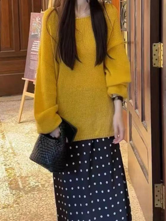 2025新款韩系复古风氛围感慵懒气质宽松毛衣女+波点半身裙套装女|undefined