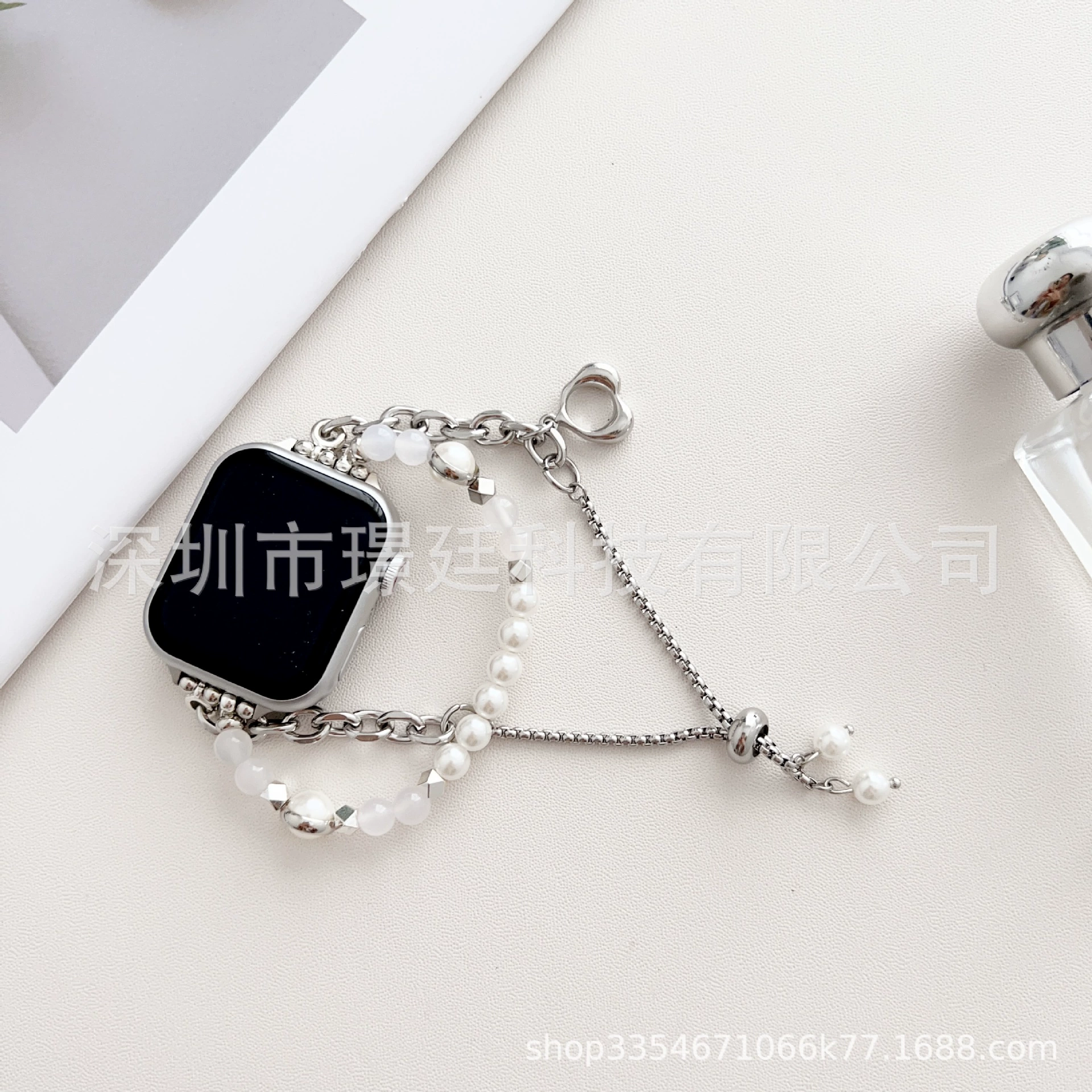 [Подходит для Apple сердечный агат подвеска металлический браслет для часов Apple Watch8/SE/7/6/5/4/3/21]