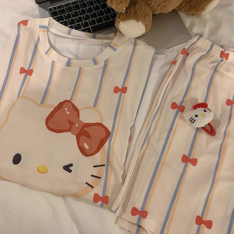 Venta al por mayor transfronteriza con almohadilla para el pecho pijamas de gato KT pantalones cortos de manga corta de verano para mujer, lindo traje de servicio a domicilio coreano, algodón de imitación