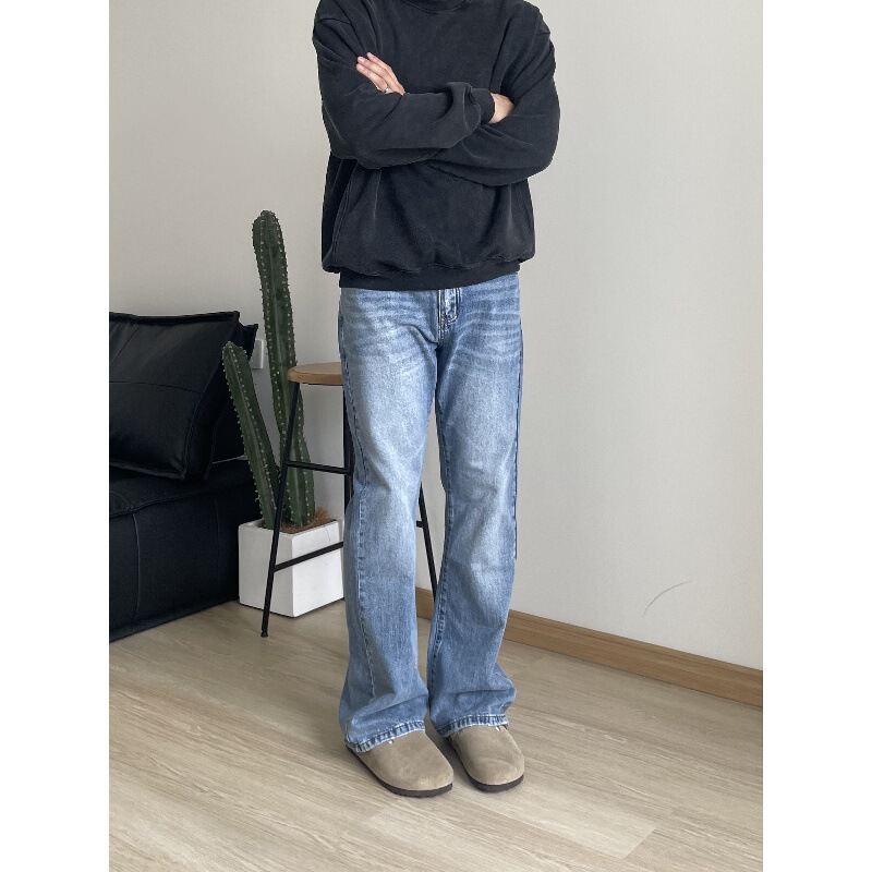 American Retro Light Blue Washed Distressed Style Cleanfit Jeans Men's Slim Slim Straight Pants American Retro Light Blue Washed Distressed Style Cleanfit Jeans Men's Slim Slim Straight Pants