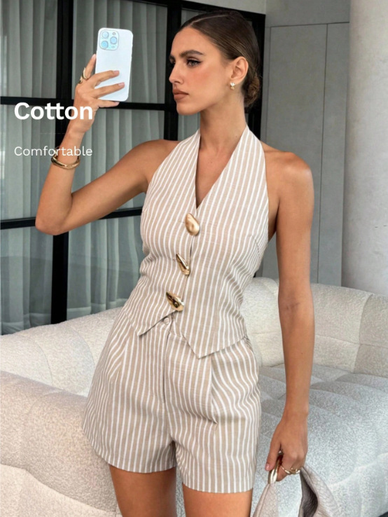 Women's Clothing Women's Summer V Neck Halter Neck Backless Sleeveless Vest And Shorts Set Metal Buckle For Formal & Casual For Women_ecoleips.com