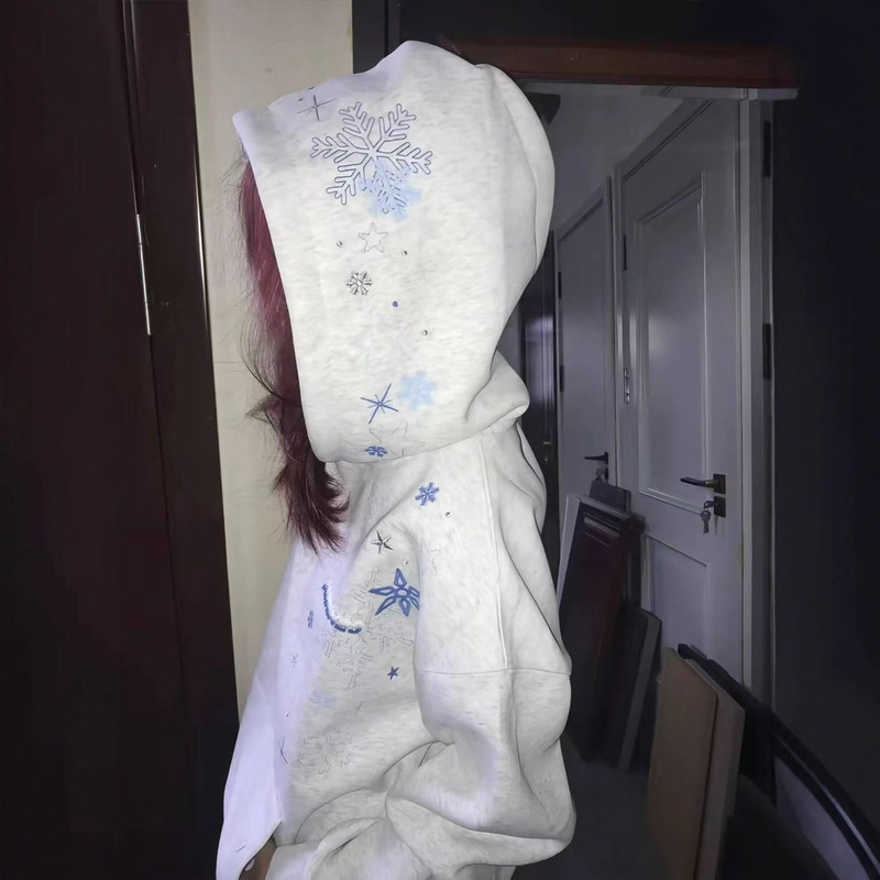 [Direct Sales from the Manufacturer, Customizable] Snowflake and Star Embroidered Sweatshirt, Loose and Trendy Casual Jacket for Autumn and Winter