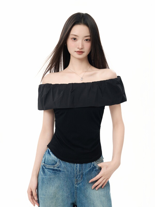 荷叶边一字肩露肩短袖t恤女夏季2025新款修身法式上衣|undefined