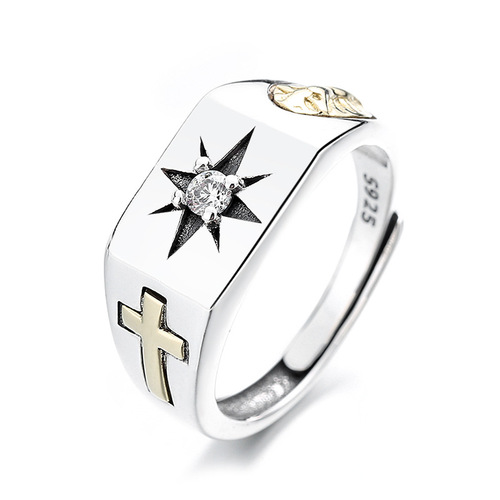 Yunchaoxuan S925 sterling silver retro fashion handsome cross wide eight-pointed star sun ray open ring