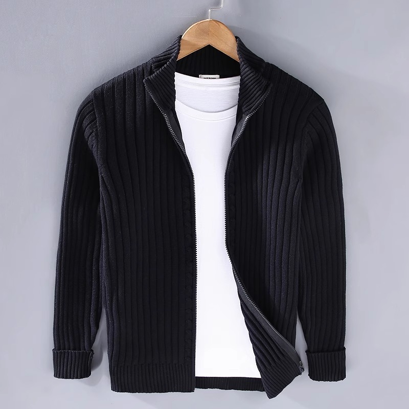Sweater Cardigan Men's Autumn and Winter New Zipper Striped Knitwear Long-Sleeved Warm High-End Casual Cross-Border Jacket