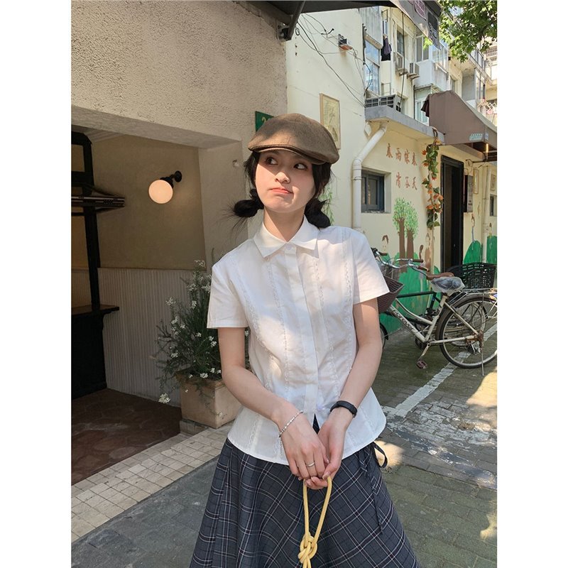 College White Lace Short Sleeve Shirt Design Summer New Waisted Slim-fit Sweet Slim Shirt Top