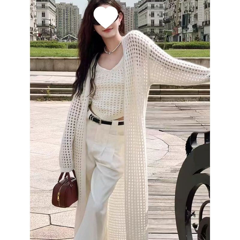 Beautiful and Exquisite Tops for Photoshoots, Mid-Length Hollow-Out Knitted Cardigan, Summer Thin Cover-Up, Long-Sleeved Top Beautiful and Exquisite Tops for Photoshoots, Mid-Length Hollow-Out Knitted Cardigan, Summer Thin Cover-Up, Long-Sleeved Top