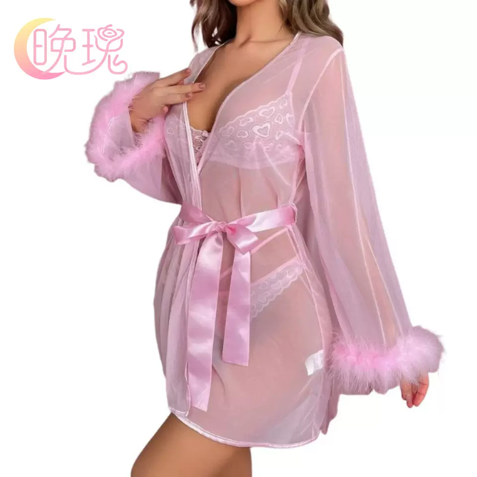 跨境外贸欧美风圣诞服网纱睡袍情趣套装女毛毛袖透视浴袍工厂现货