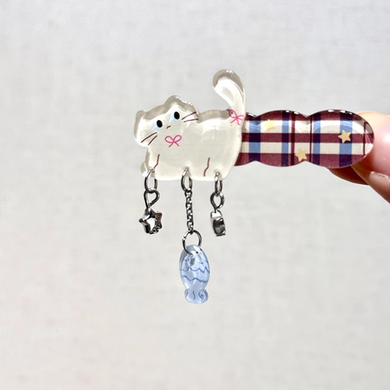 [Kitten Fishing] Unique Red and Blue Plaid Cat Hairpin Cute Simple Personality Small Fish Pendant Bangs Side
