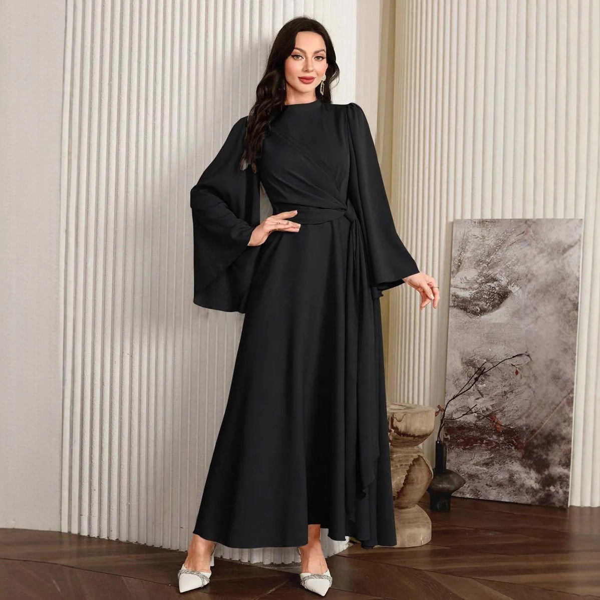 Women's Solid Color Long Sleeved Casual Maxi Dress Slim Fit Stand Collar Back Zipper New European American Style_ecoleips.com