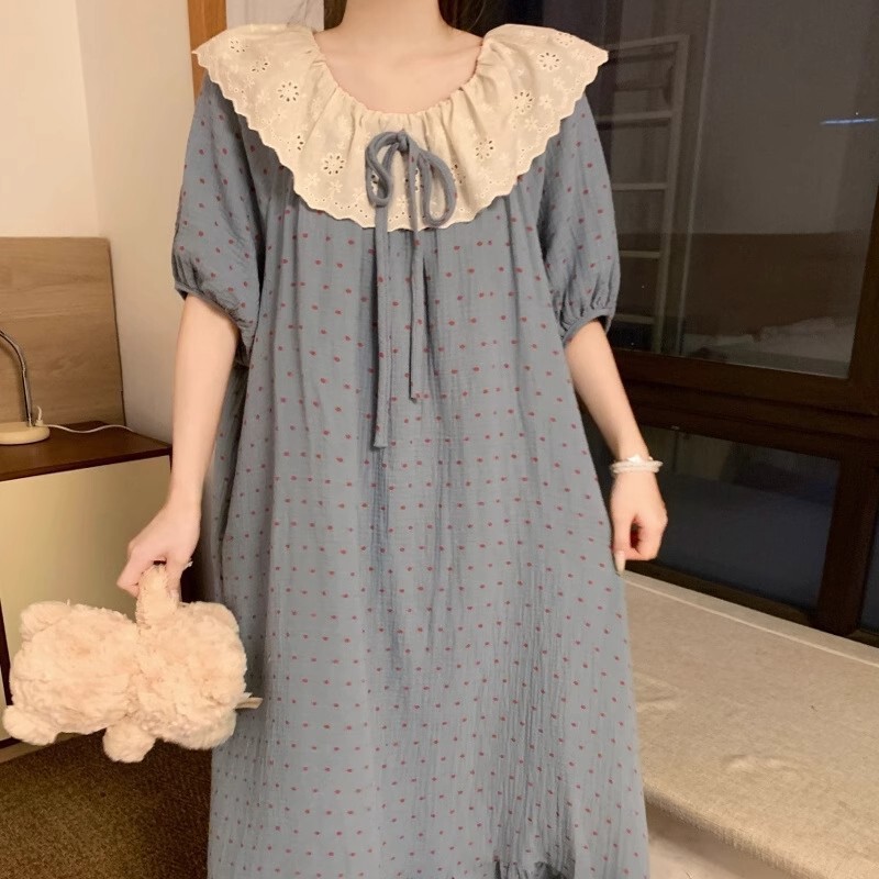 Japanese-Style Summer Long Nightgown 2025 New Cute Doll Collar Lace Short-Sleeve Dress Loose Nightdress