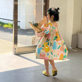 INS 韩版童装 2026新款 夏款 中大童女童纯棉 碎花连衣裙露背裙子