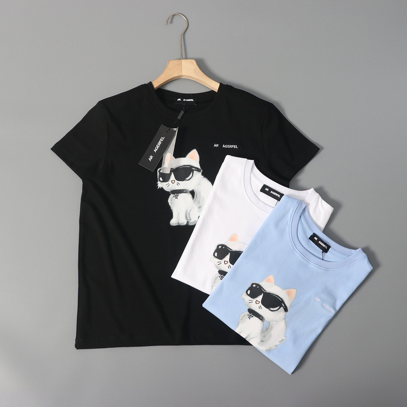 New 2025 American Ker Style Cotton Offset Embroidered Letters Round Neck Casual Short-sleeved T-shirt