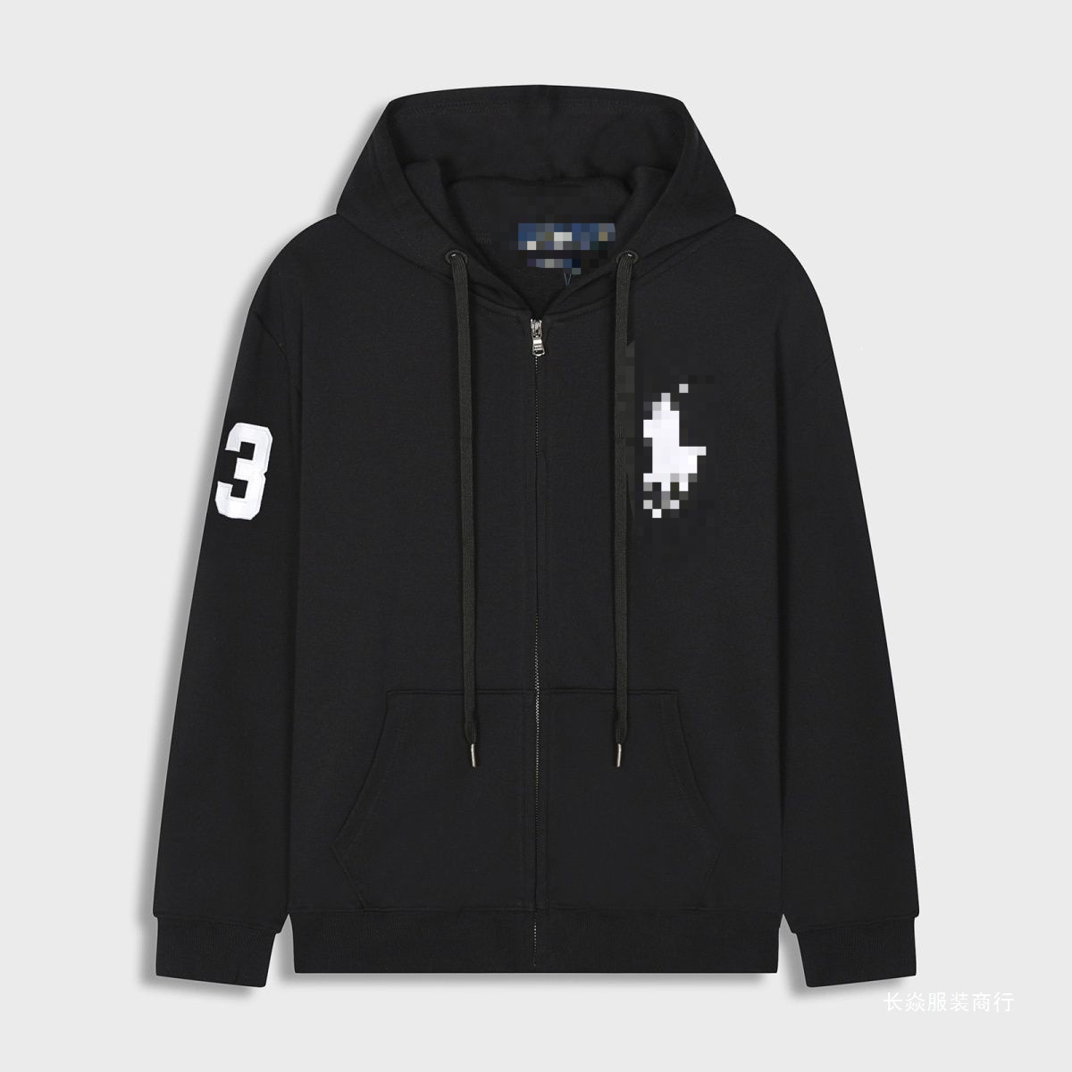 Complete with all three labels, this hooded cardigan features a casual design, a zipper, embroidery, and a fleece lining, making it a versatile and unisex outerwear piece, available in stock