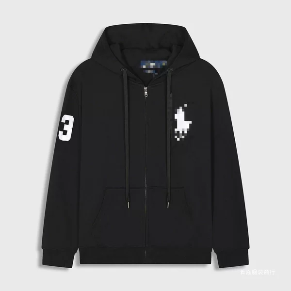 Complete with all three labels, this hooded cardigan features a casual design, a zipper, embroidery, and a fleece lining, making it a versatile and unisex outerwear piece, available in stock