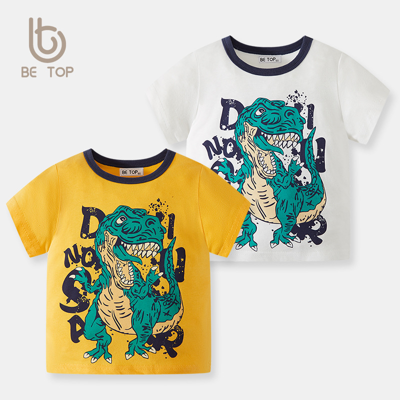 Camiseta de manga corta para niños 2025, nueva ropa infantil, top con estampado de dinosaurio de dibujos animados para niños, estilo coreano de media manga para bebés
