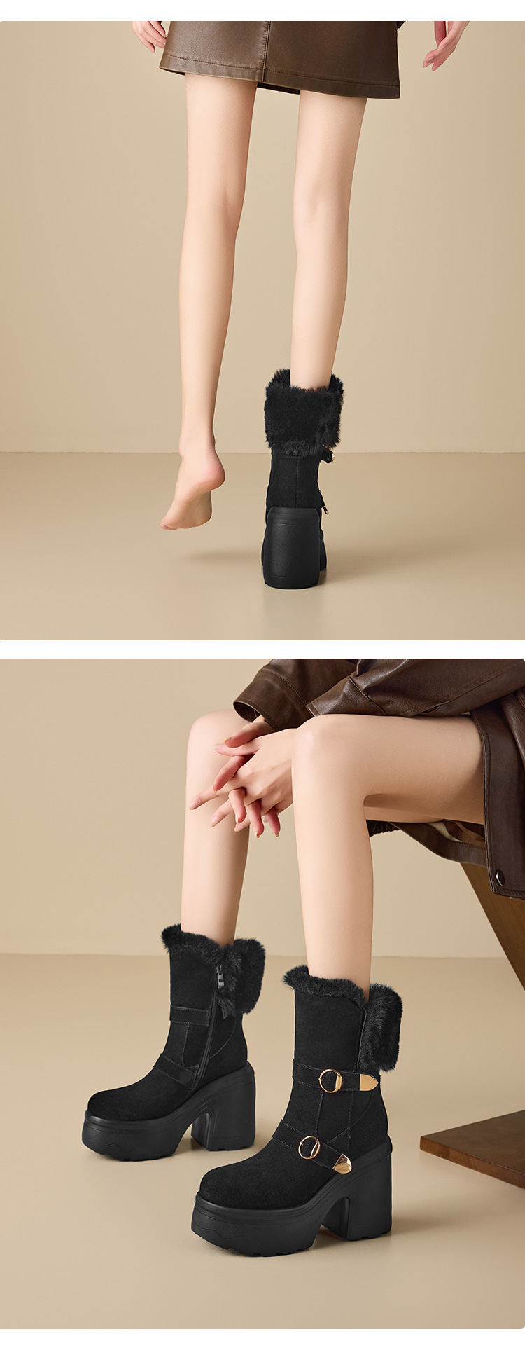 Boot nữ cổ cao ôm bắp chân đế dày 12 cm mũi tròn khóa thắt lưng — nhung nâu chi tiết 5