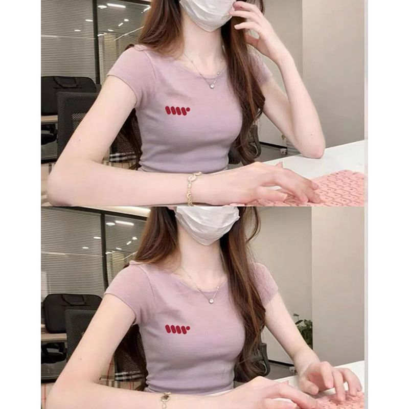 2025新款夏季粉紫色纯棉短袖T恤女独特超好看辣妹修身显瘦上衣|undefined