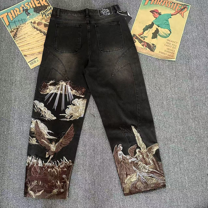Vescartes American Retro Eclipse Fallen Angel Embroidered Jeans Loose High Street Wide-Leg Pants Men's Trendy