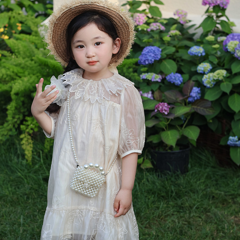 Bolsa de hombro coreana para niñas, gran perla portátil, botón de rosa, mini bolso para niños, nuevo bolso para niños de verano
